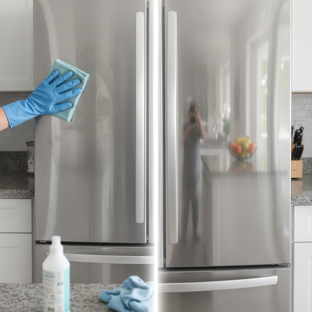 Hand wiping stainless fridge door to mirror shine, before/after split