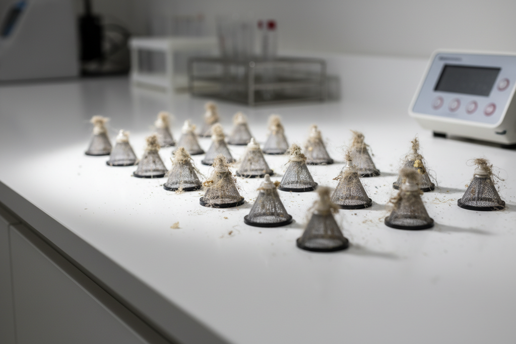 Electrostatic dust heads array trapping visible particles on white medical counter