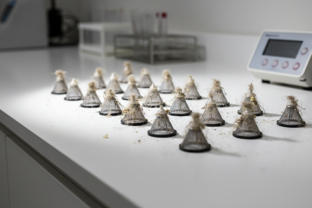 Electrostatic dust heads array trapping visible particles on white medical counter