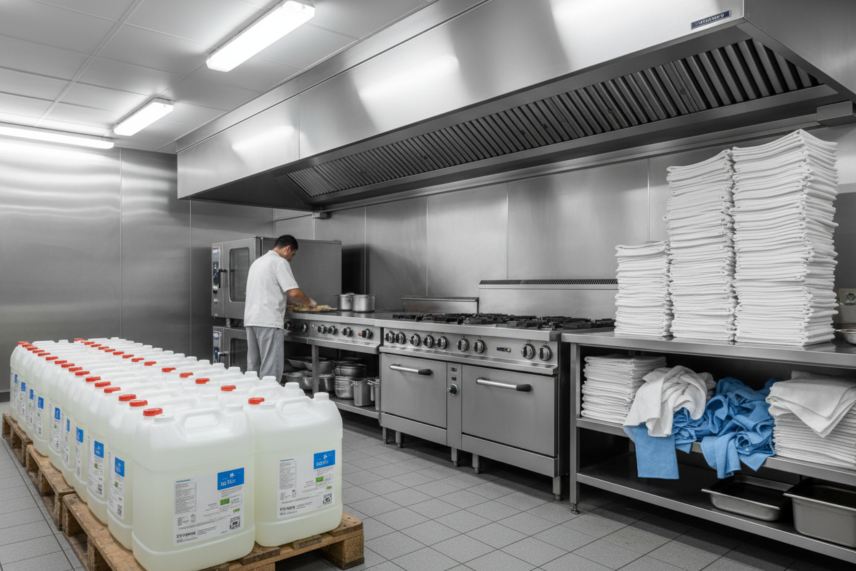 Two bulk gallon jugs of stainless polish and a stack of buff cloths beside a commercial range hood