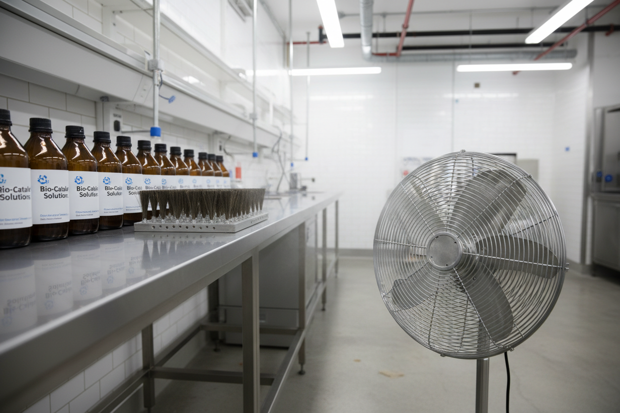 Enzyme bottles and brush array beside industrial drying fan