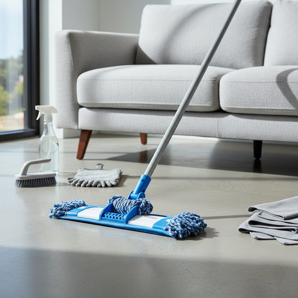 Mop head with fresh microfiber pad next to modern sofa, tools laid flat on floor