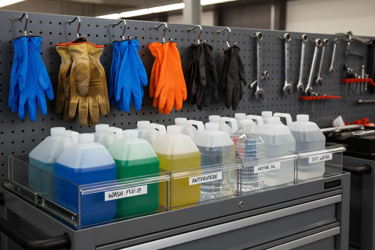 Six concentrate gallons organized in cart drawers with gloves hanging from hooks