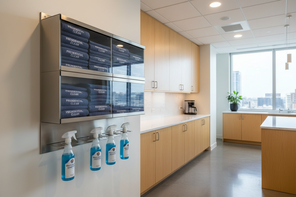 Wall-mounted Presidential microfiber and spray station in office break room