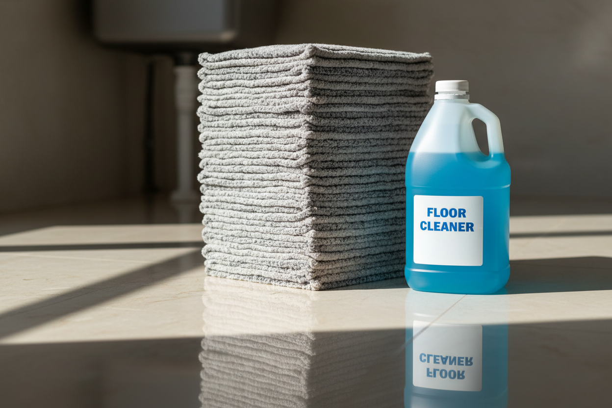 12 microfiber flat mop pads stacked beside a gallon jug of hardwood concentrate on a polished floor