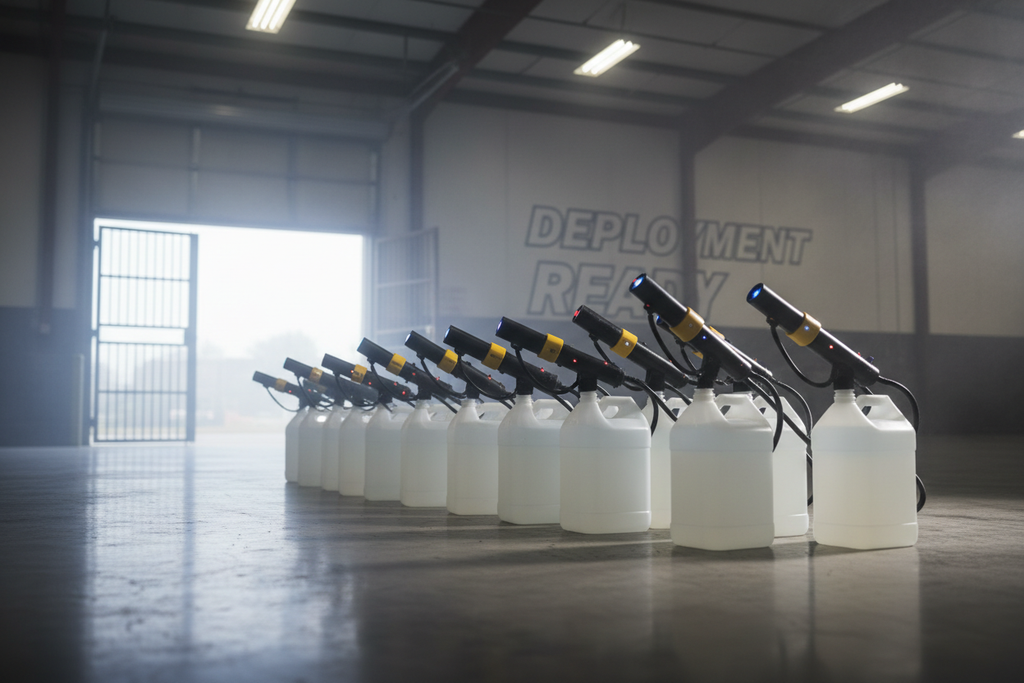 Gallons lined up with fogger nozzle attached, ready for deployment