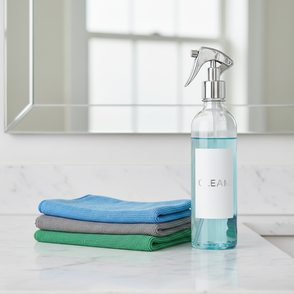 Folded glass cloths beside sleek spray bottle on white vanity top