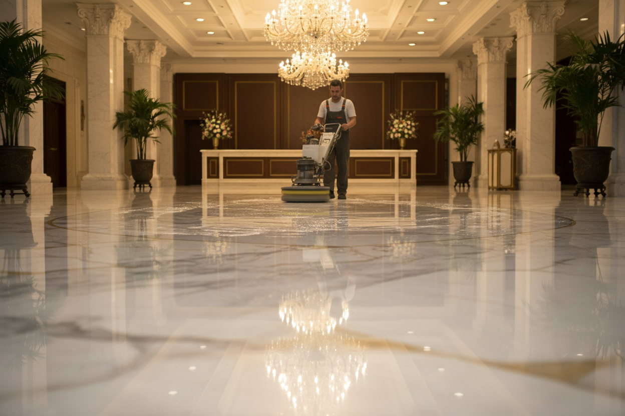 Buffer polishing marble lobby floor to wet-look shine under chandelier light