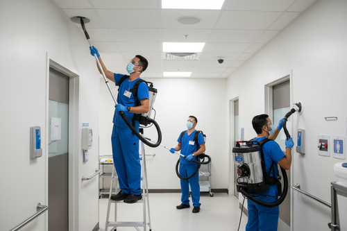 Crew with backpack vacuum and electrostatic wand cleaning air vents in clinic