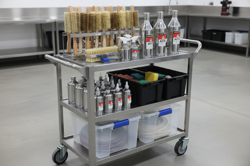 Full rig cart with acid brushes and chrome bottles organized