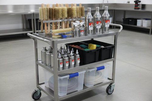 Full rig cart with acid brushes and chrome bottles organized