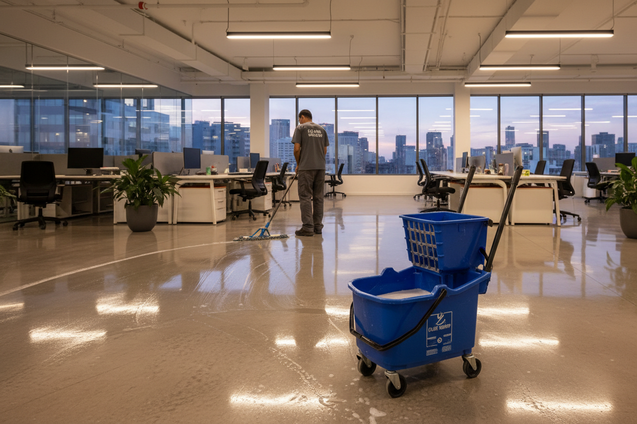 Commercial mop bucket and wringer system cleaning a large office floor