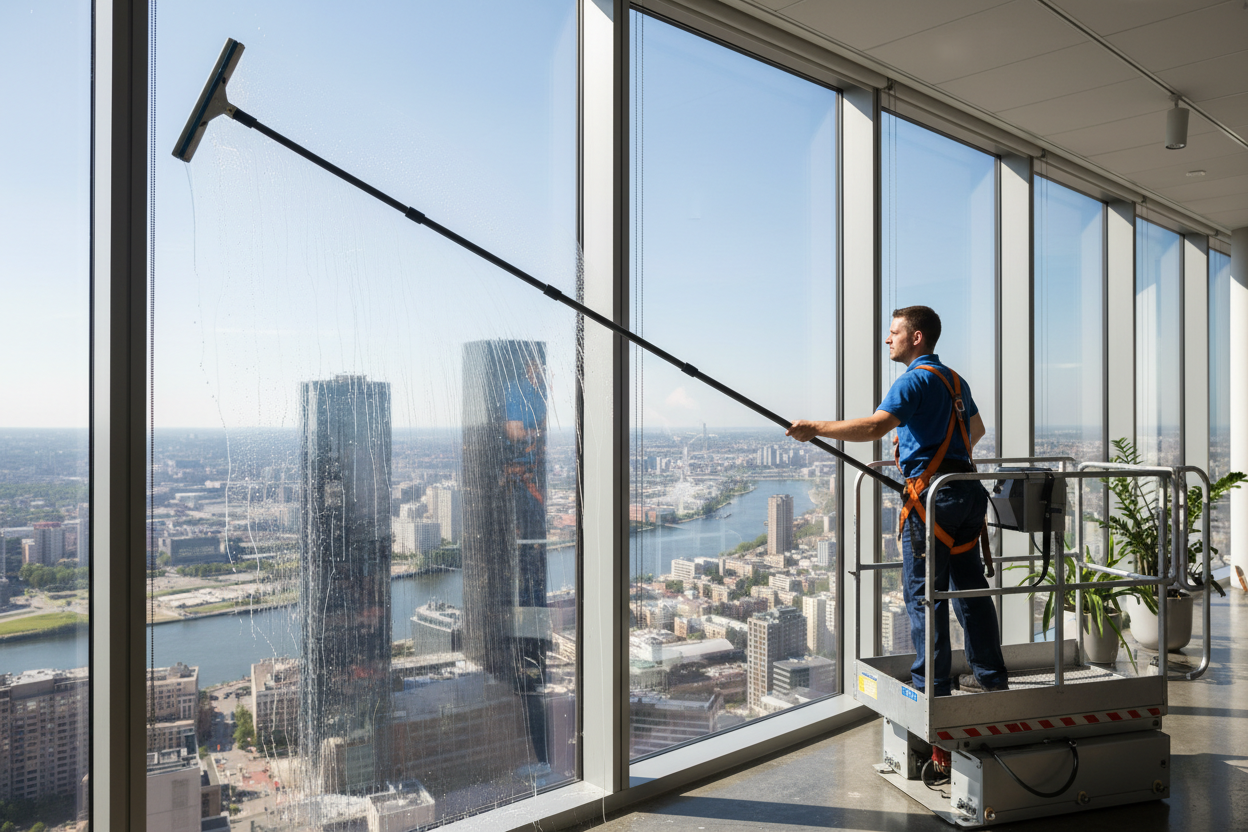 Worker using 12ft pole squeegee to clean floor-to-ceiling office windows to perfect clarity