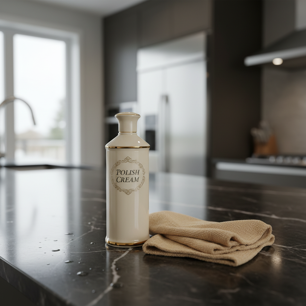 Polish bottle and buff cloth on upscale kitchen island with appliances blurred behind