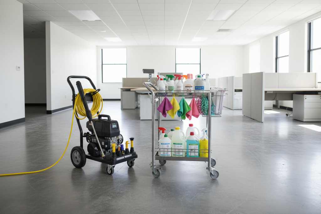 Loaded clean cart deployed in vacant office space with power washer ready