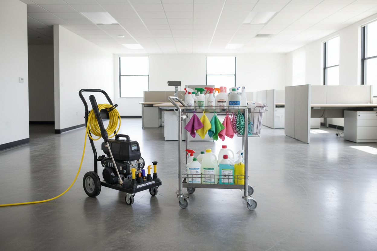 Loaded clean cart deployed in vacant office space with power washer ready