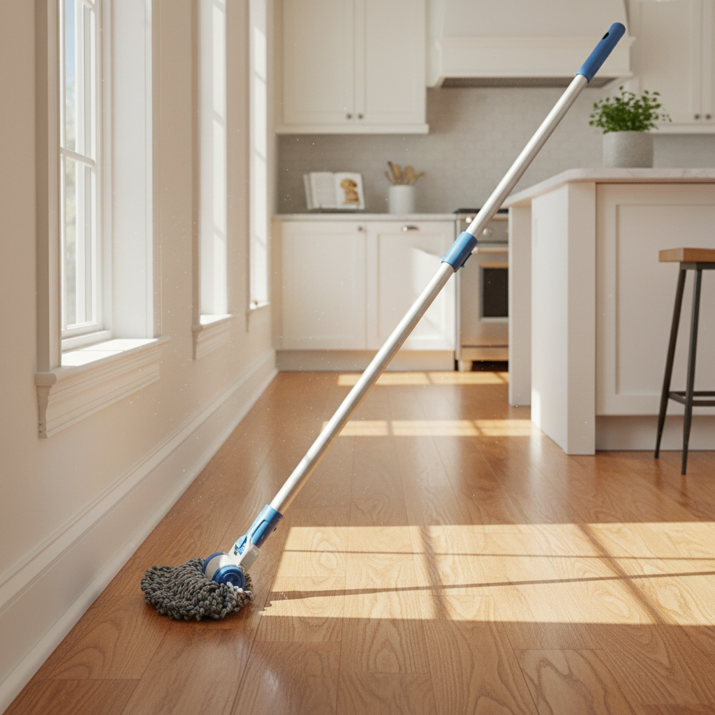 Telescopic mop scrubbing baseboards along hardwood floor in bright kitchen