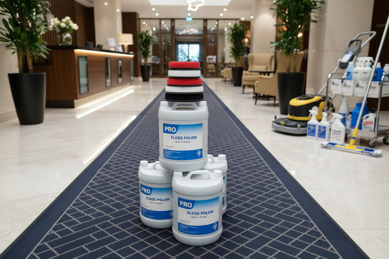 Polish gallons with buffer pads stacked on lobby runner mat