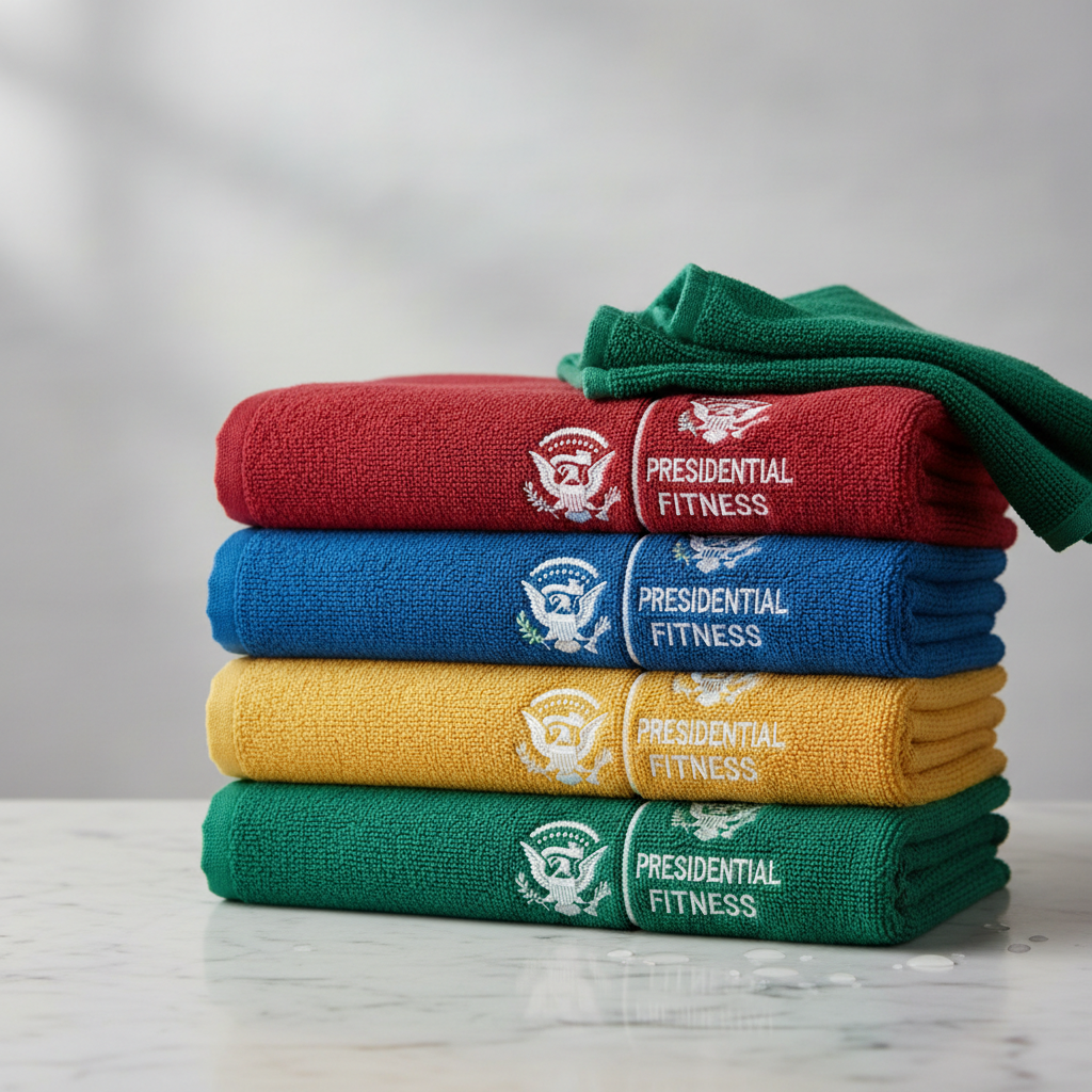 Stack of colorful Presidential-branded microfiber towels on marble counter
