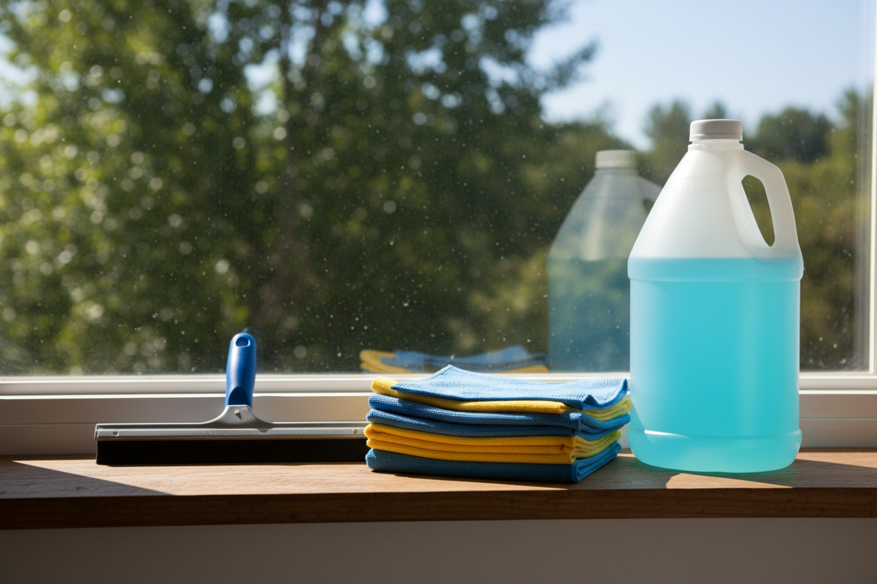 Squeegee, lint-free cloths, and gallon jug organized on a windowsill ledge