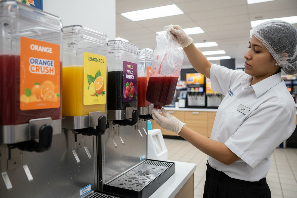 Crew member refilling concentrate pump at clean dispensing station