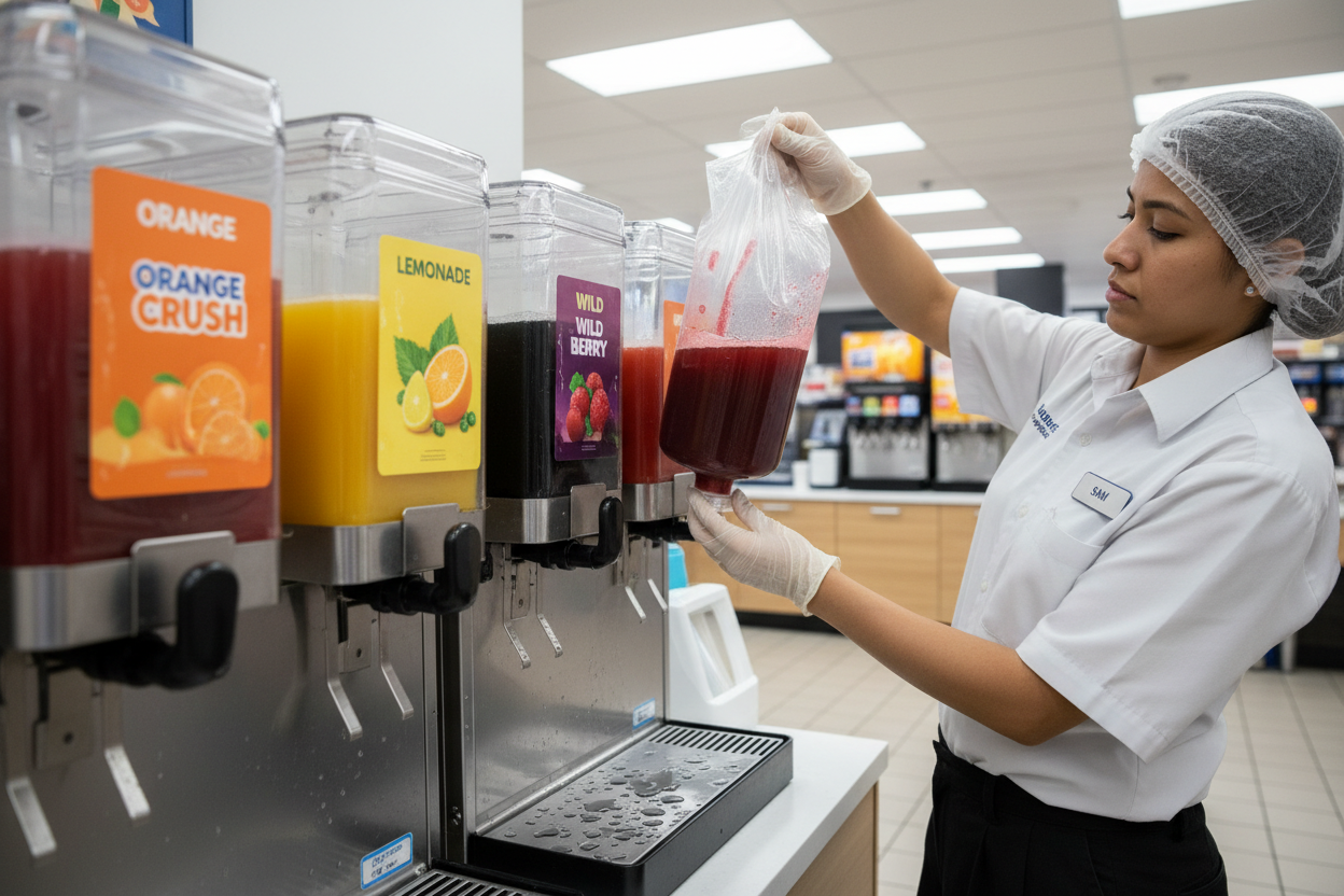 Crew member refilling concentrate pump at clean dispensing station