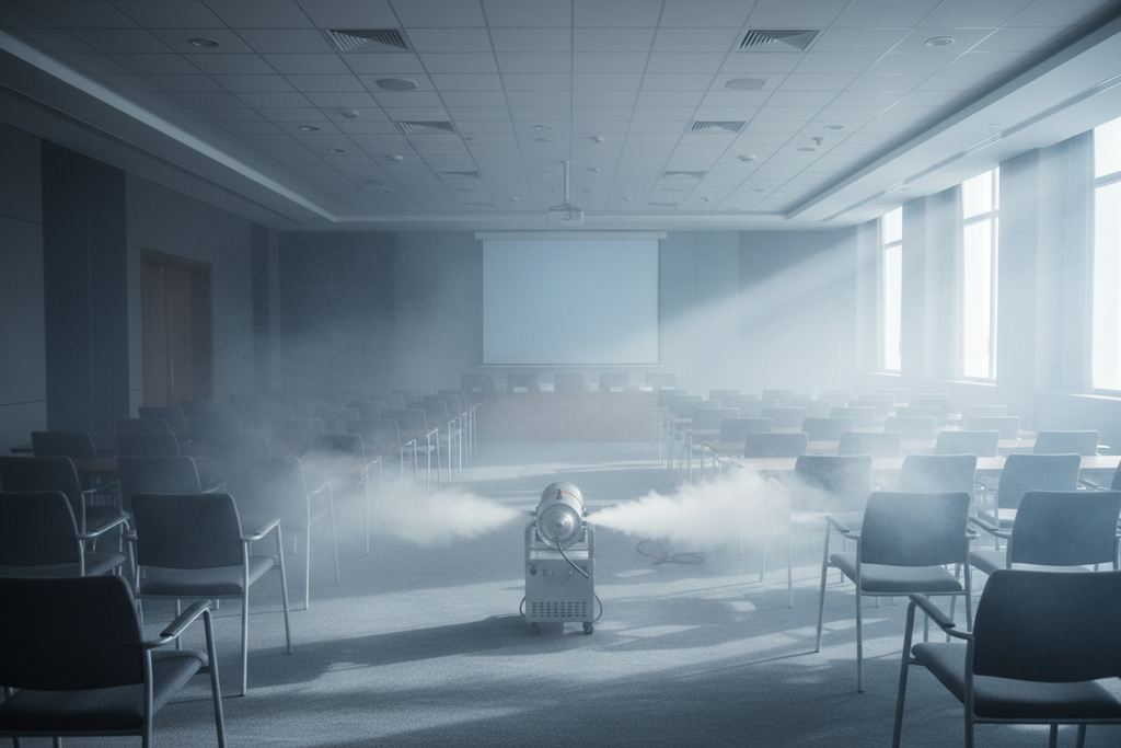 Fogger creating fine mist throughout large conference room, even distribution