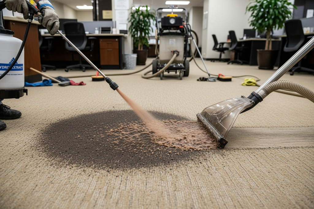 Tank sprayer blasting stain from commercial carpet, extraction demo