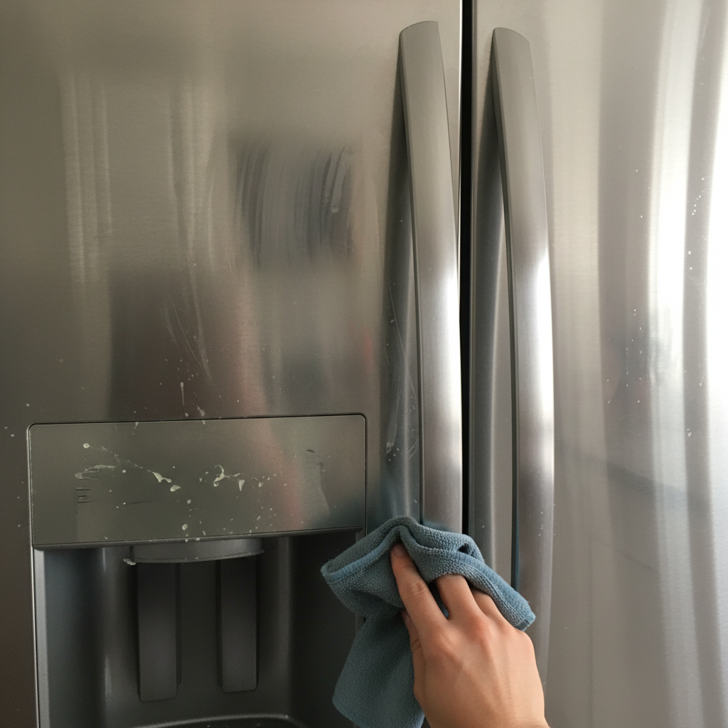 Half-polished stainless fridge door showing smudge-to-shine transition